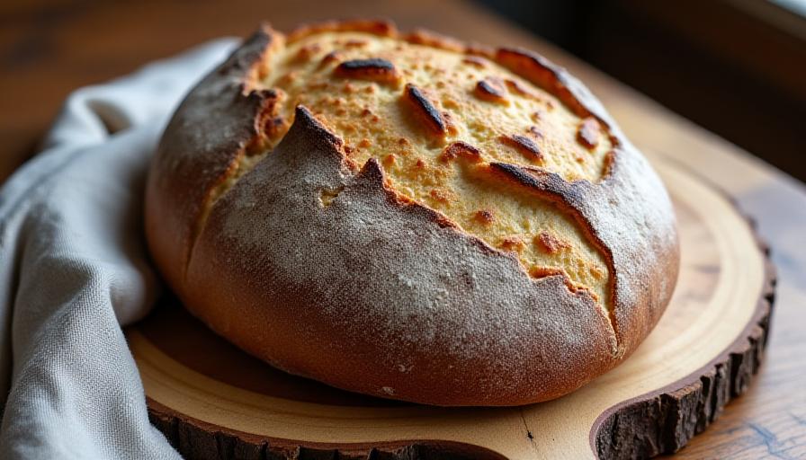 A golden, crusty sourdough loaf sliced on a wooden board