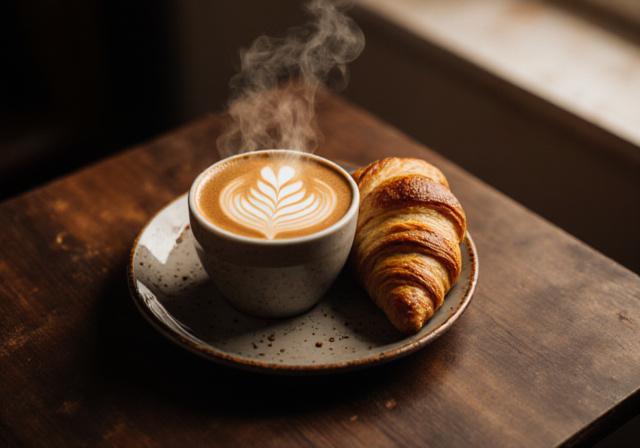 A steaming cup of latte next to a golden croissant