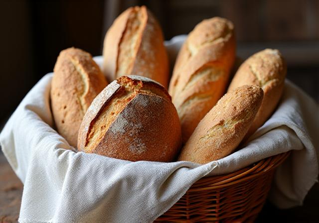 A variety of freshly baked breads in a wicker basket