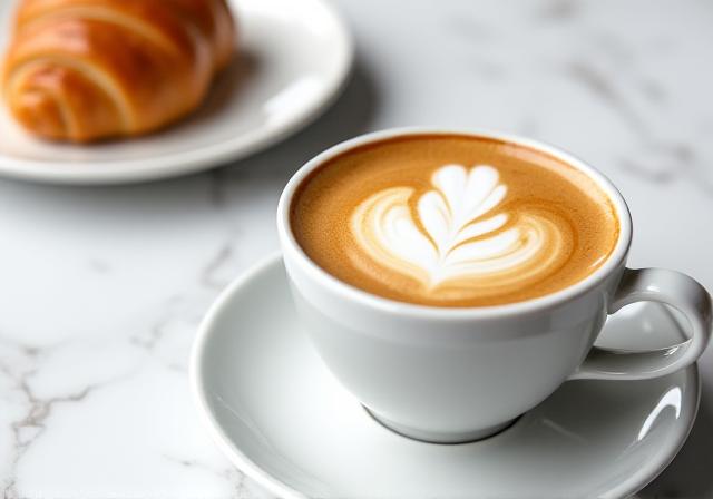 A foamy cappuccino with a flaky golden croissant
