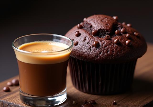 Rich espresso served next to a double chocolate muffin