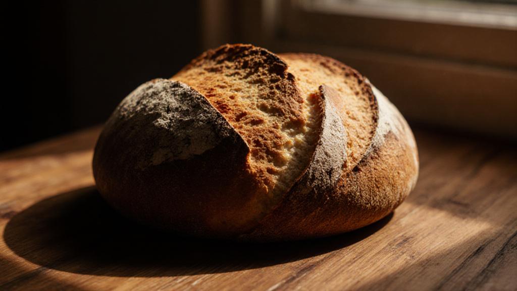 Golden brown sourdough bread cooling on a rustic wooden table