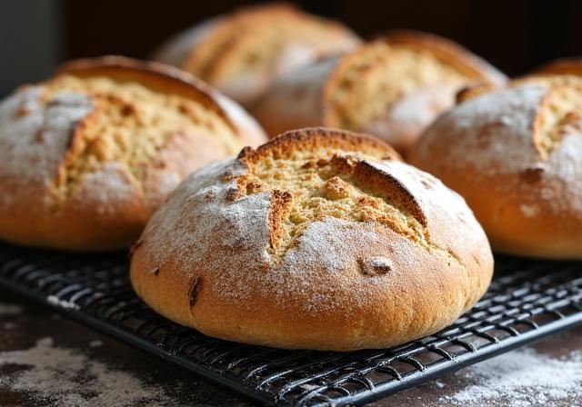 Crusty sourdough and sourdough loaves on cooling rack