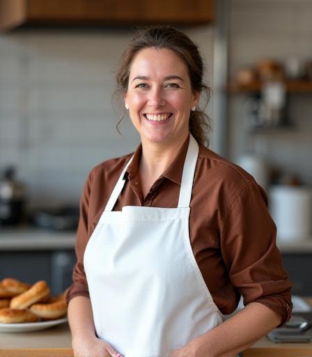 Head baker smiling in a cozy kitchen setting
