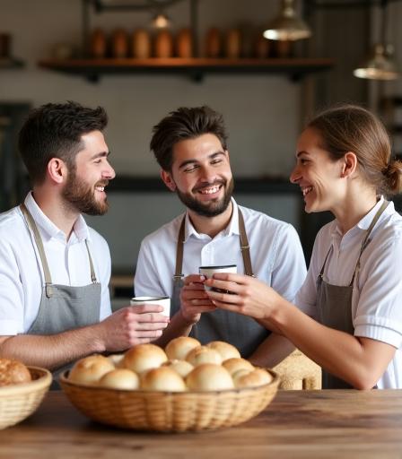 The bakery team gathered around a large rustic table