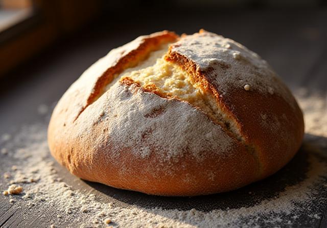 Artisan sourdough bread on a wooden table with morning sunlight