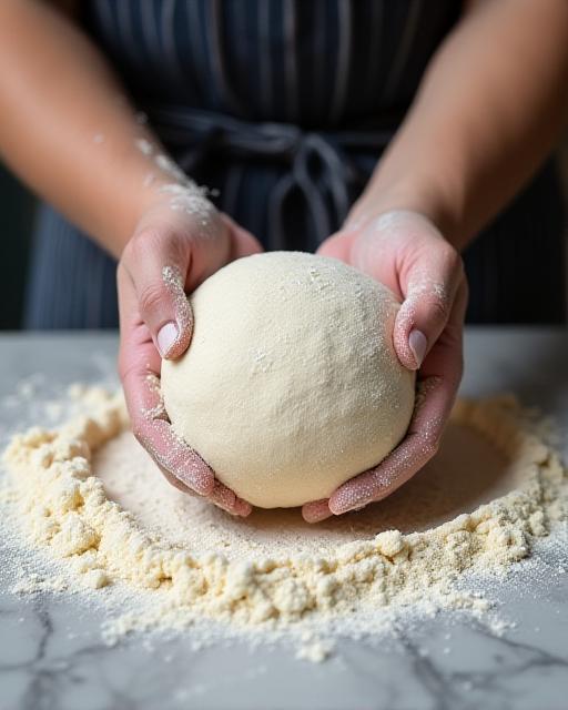 Baker dusting organic flour over freshly kneaded dough
